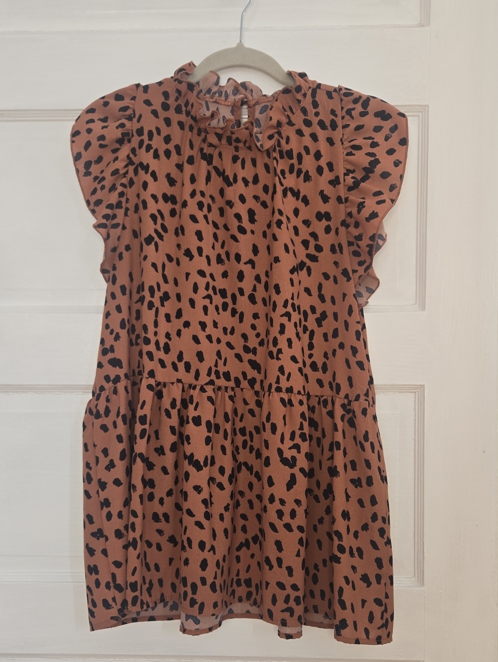 ENTRO Brown Black Animal Print Ruffle Mock Neck Flutter Sleeve Tunic Top_155
